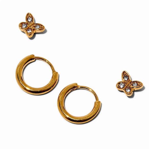 18k Gold Plated Butterfly Studs & Hoop Earring Stackables Set - Picture 1 of 3